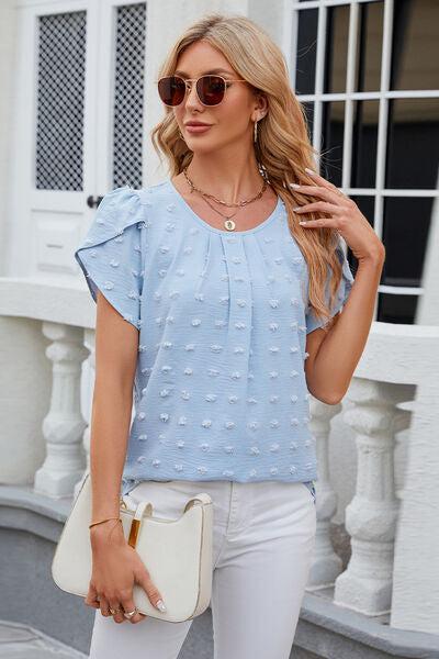 Swiss Dot Round Neck Short Sleeve T-Shirt-M@O, Ship From Overseas-Pastel Blue-S-[option4]-[option5]-[option6]-Womens-USA-Clothing-Boutique-Shop-Online-Clothes Minded