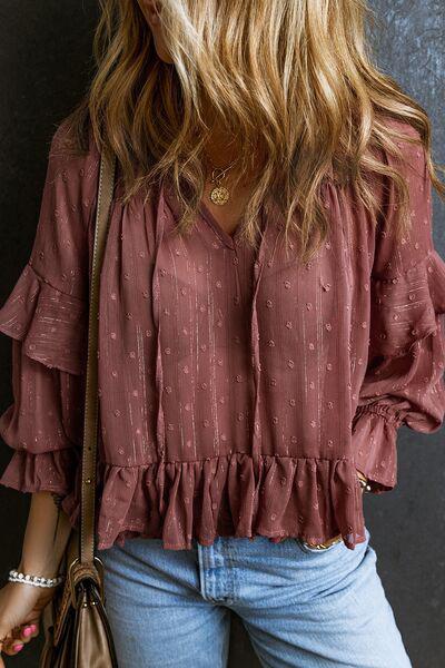 Swiss Dot Tie Neck Flounce Sleeve Blouse-Ship From Overseas, SYNZ-Moonlit Mauve-XS-[option4]-[option5]-[option6]-Womens-USA-Clothing-Boutique-Shop-Online-Clothes Minded