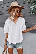 Swiss Dot V-Neck Flounce Sleeve Blouse-Shirts & Tops-DY, Ship From Overseas-[option4]-[option5]-[option6]-Womens-USA-Clothing-Boutique-Shop-Online-Clothes Minded