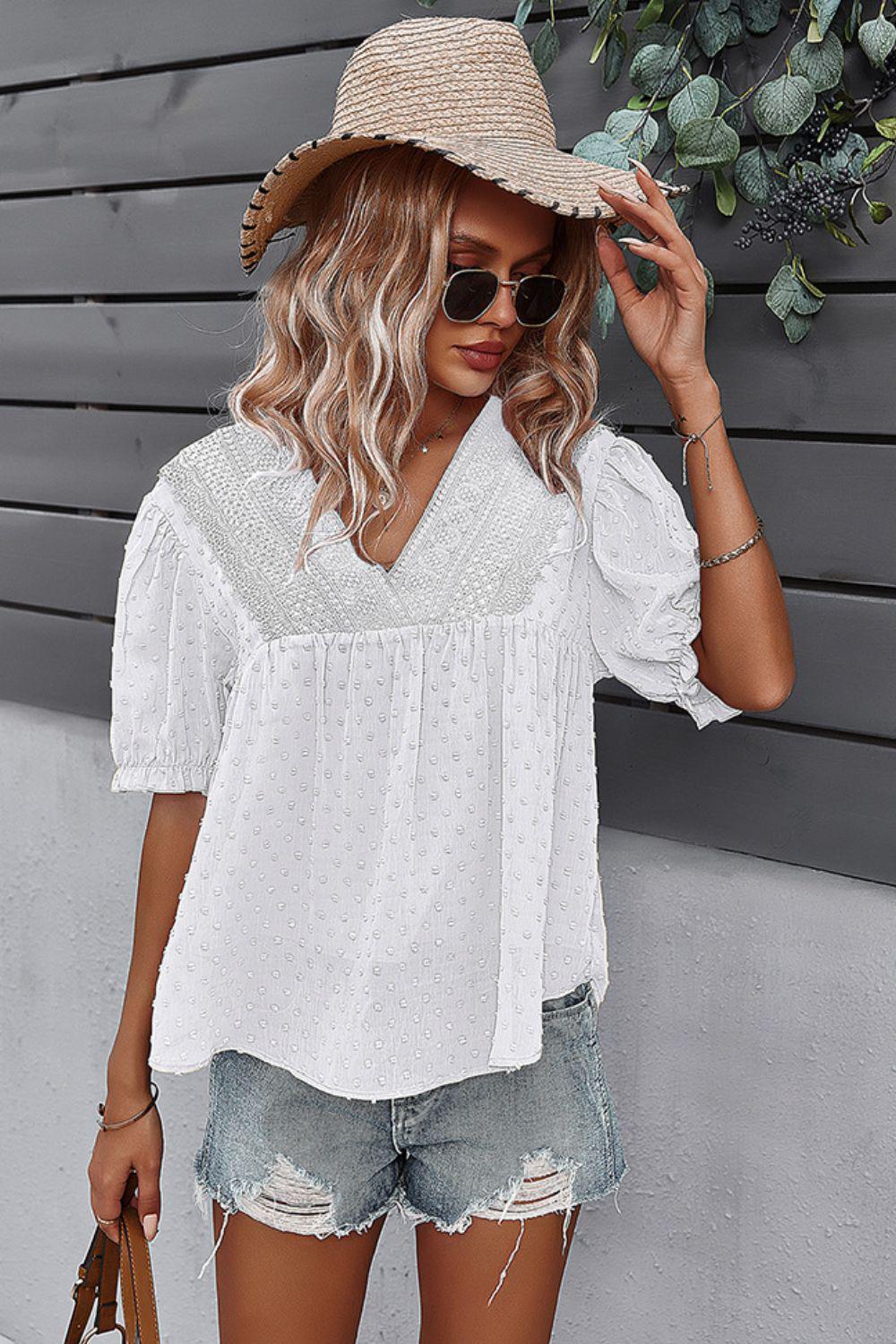 Swiss Dot V-Neck Flounce Sleeve Blouse-Shirts & Tops-DY, Ship From Overseas-White-S-[option4]-[option5]-[option6]-Womens-USA-Clothing-Boutique-Shop-Online-Clothes Minded