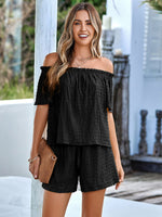 Textured Frill Trim Off-Shoulder Top and Shorts Set-Set-S.N, Ship From Overseas-Black-S-[option4]-[option5]-[option6]-Womens-USA-Clothing-Boutique-Shop-Online-Clothes Minded