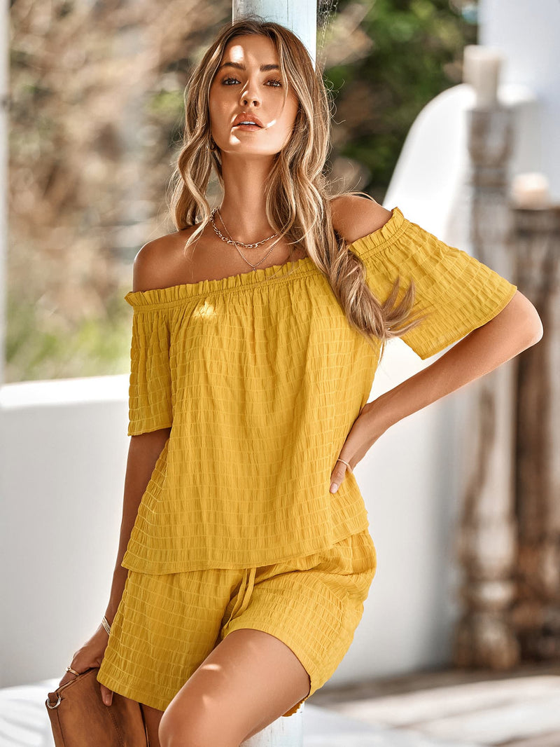 Textured Frill Trim Off-Shoulder Top and Shorts Set-Set-S.N, Ship From Overseas-[option4]-[option5]-[option6]-Womens-USA-Clothing-Boutique-Shop-Online-Clothes Minded
