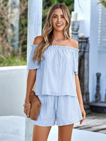Textured Frill Trim Off-Shoulder Top and Shorts Set-Set-S.N, Ship From Overseas-Misty Blue-S-[option4]-[option5]-[option6]-Womens-USA-Clothing-Boutique-Shop-Online-Clothes Minded