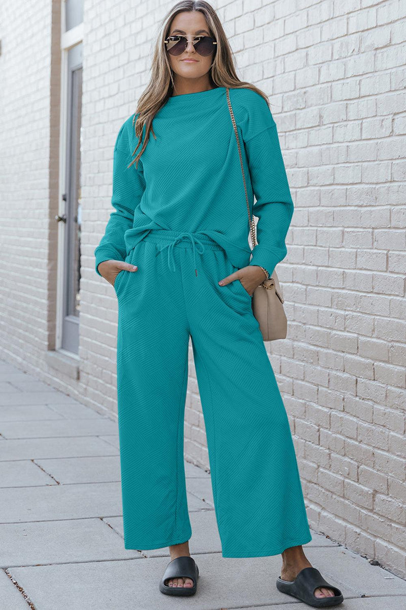 Textured Long Sleeve Top and Drawstring Pants Set-Double Take, Ship from USA-Azure-M-[option4]-[option5]-[option6]-Womens-USA-Clothing-Boutique-Shop-Online-Clothes Minded