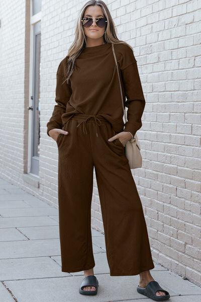 Textured Long Sleeve Top and Drawstring Pants Set-Double Take, Ship from USA-Chestnut-S-[option4]-[option5]-[option6]-Womens-USA-Clothing-Boutique-Shop-Online-Clothes Minded