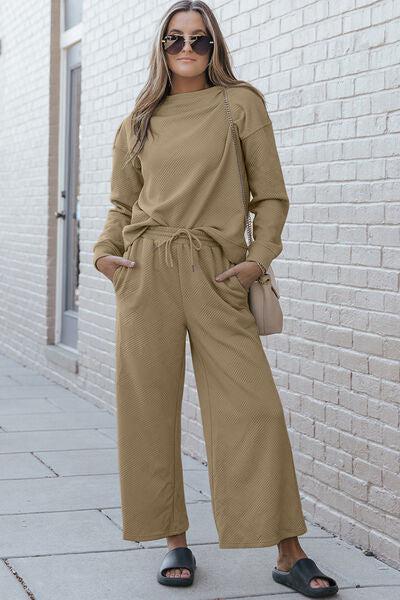 Textured Long Sleeve Top and Drawstring Pants Set-Double Take, Ship from USA-Tan-S-[option4]-[option5]-[option6]-Womens-USA-Clothing-Boutique-Shop-Online-Clothes Minded
