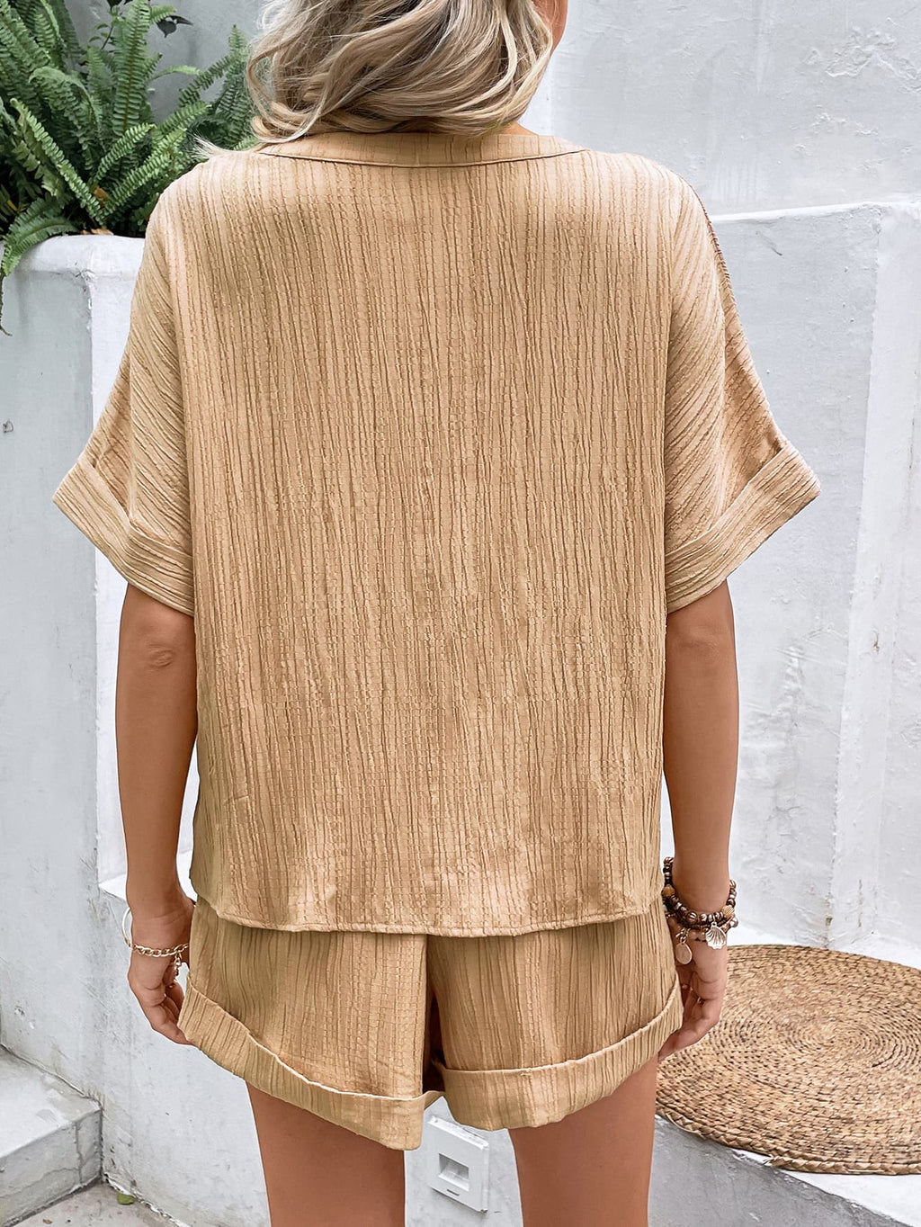 Textured Notched Neck Top and Shorts Set-Set-HS, Ship From Overseas-Camel-S-[option4]-[option5]-[option6]-Womens-USA-Clothing-Boutique-Shop-Online-Clothes Minded