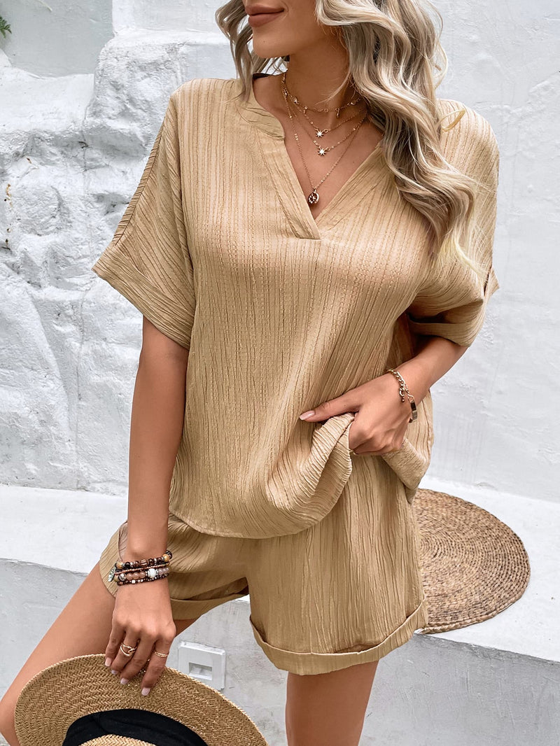 Textured Notched Neck Top and Shorts Set-Set-HS, Ship From Overseas-[option4]-[option5]-[option6]-Womens-USA-Clothing-Boutique-Shop-Online-Clothes Minded