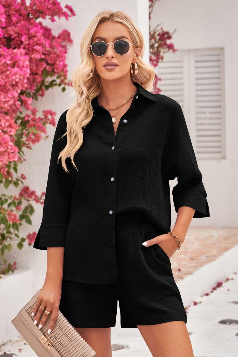 Textured Shirt and Elastic Waist Short with Pockets-Set-Mandy, Ship From Overseas-Black-S-[option4]-[option5]-[option6]-Womens-USA-Clothing-Boutique-Shop-Online-Clothes Minded