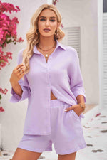 Textured Shirt and Elastic Waist Short with Pockets-Set-Mandy, Ship From Overseas-Heliotrope Purple-S-[option4]-[option5]-[option6]-Womens-USA-Clothing-Boutique-Shop-Online-Clothes Minded