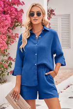 Textured Shirt and Elastic Waist Short with Pockets-Set-Mandy, Ship From Overseas-Royal Blue-S-[option4]-[option5]-[option6]-Womens-USA-Clothing-Boutique-Shop-Online-Clothes Minded