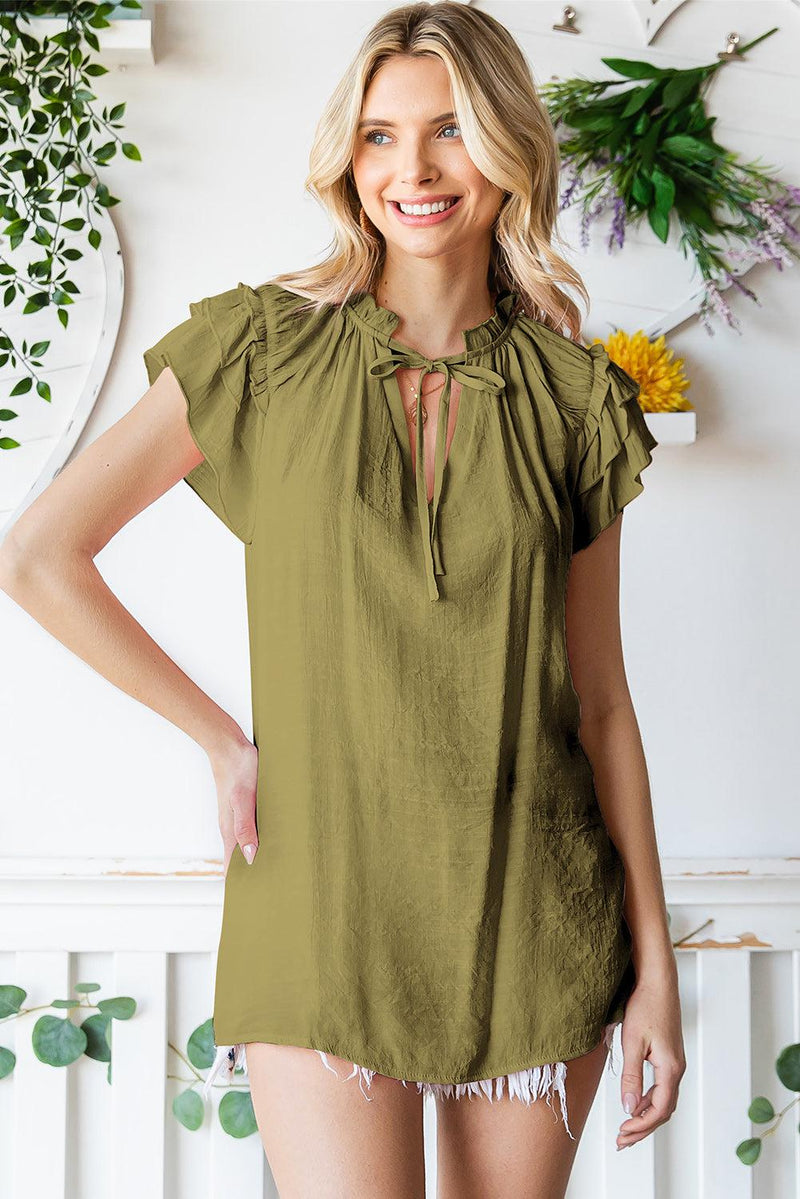 Tie-Neck Flutter Sleeve Blouse-Ship From Overseas, SYNZ-Matcha Green-S-[option4]-[option5]-[option6]-Womens-USA-Clothing-Boutique-Shop-Online-Clothes Minded