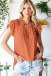 Tie-Neck Flutter Sleeve Blouse-Ship From Overseas, SYNZ-Red Orange-S-[option4]-[option5]-[option6]-Womens-USA-Clothing-Boutique-Shop-Online-Clothes Minded