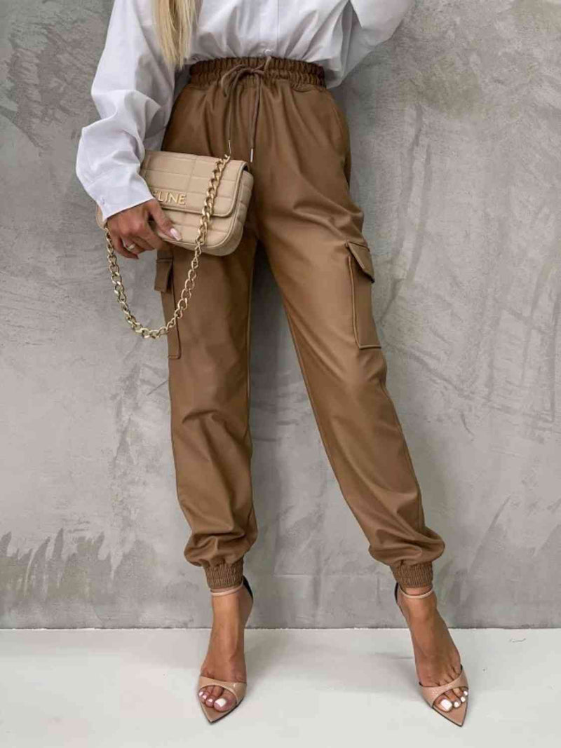 Tied High Waist Pants with Pockets-Bottoms-Bottoms, C@X@Y, Ship From Overseas-Caramel-S-[option4]-[option5]-[option6]-Womens-USA-Clothing-Boutique-Shop-Online-Clothes Minded