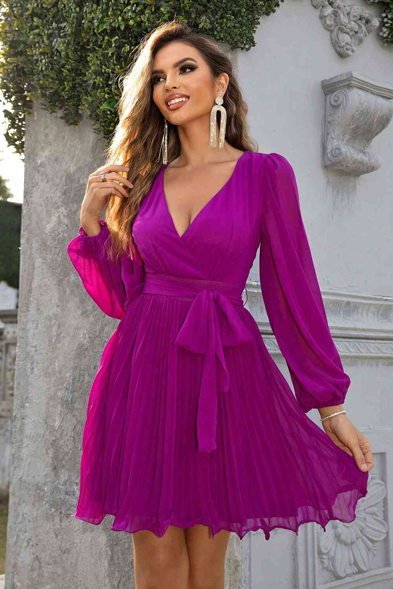 Tied Surplice Neck Pleated Dress-Dresses-Ringing-N, Ship From Overseas-[option4]-[option5]-[option6]-Womens-USA-Clothing-Boutique-Shop-Online-Clothes Minded