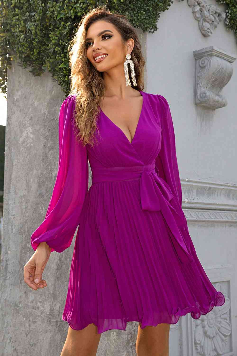 Tied Surplice Neck Pleated Dress-Dresses-Ringing-N, Ship From Overseas-Fuchsia-XS-[option4]-[option5]-[option6]-Womens-USA-Clothing-Boutique-Shop-Online-Clothes Minded