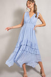 V NECK RUFFLE MAXI DRESS-Dresses-Boutique Dress, Cocktail Dresses, Contemporary, Dress, Maxi, Only at FashionGo, Polyester, Ruffled, Solid-CHAMBRAY-S-[option4]-[option5]-[option6]-Womens-USA-Clothing-Boutique-Shop-Online-Clothes Minded