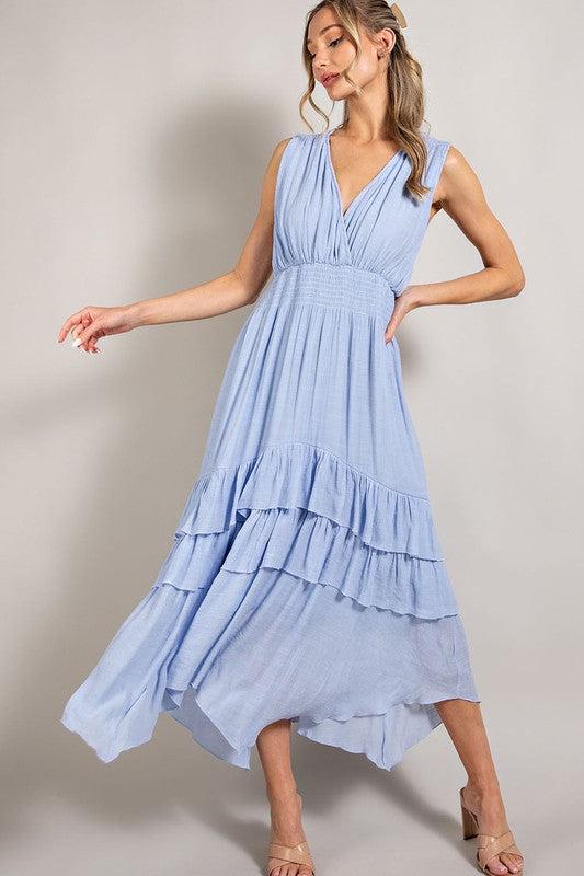 V NECK RUFFLE MAXI DRESS-Dresses-Boutique Dress, Cocktail Dresses, Contemporary, Dress, Maxi, Only at FashionGo, Polyester, Ruffled, Solid-CHAMBRAY-S-[option4]-[option5]-[option6]-Womens-USA-Clothing-Boutique-Shop-Online-Clothes Minded
