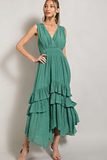 V NECK RUFFLE MAXI DRESS-Dresses-Boutique Dress, Cocktail Dresses, Contemporary, Dress, Maxi, Only at FashionGo, Polyester, Ruffled, Solid-SAGE-S-[option4]-[option5]-[option6]-Womens-USA-Clothing-Boutique-Shop-Online-Clothes Minded