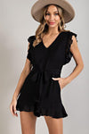 V-NECK RUFFLED WAIST TIE ROMPER-Romper-Contemporary, Only at FashionGo, Rayon, Romper, Sleeveless, Solid, V-Neck-BLACK-S-[option4]-[option5]-[option6]-Womens-USA-Clothing-Boutique-Shop-Online-Clothes Minded