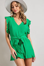 V-NECK RUFFLED WAIST TIE ROMPER-Romper-Contemporary, Only at FashionGo, Rayon, Romper, Sleeveless, Solid, V-Neck-[option4]-[option5]-[option6]-Womens-USA-Clothing-Boutique-Shop-Online-Clothes Minded