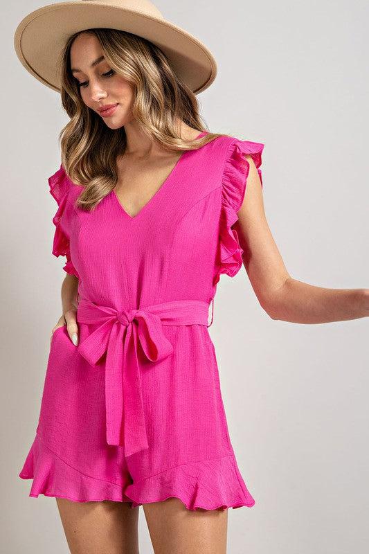 V-NECK RUFFLED WAIST TIE ROMPER-Romper-Contemporary, Only at FashionGo, Rayon, Romper, Sleeveless, Solid, V-Neck-HOT PINK-S-[option4]-[option5]-[option6]-Womens-USA-Clothing-Boutique-Shop-Online-Clothes Minded