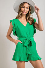 V-NECK RUFFLED WAIST TIE ROMPER-Romper-Contemporary, Only at FashionGo, Rayon, Romper, Sleeveless, Solid, V-Neck-[option4]-[option5]-[option6]-Womens-USA-Clothing-Boutique-Shop-Online-Clothes Minded
