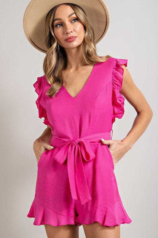 V-NECK RUFFLED WAIST TIE ROMPER-Romper-Contemporary, Only at FashionGo, Rayon, Romper, Sleeveless, Solid, V-Neck-HOT PINK-S-[option4]-[option5]-[option6]-Womens-USA-Clothing-Boutique-Shop-Online-Clothes Minded