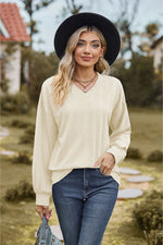 V-Neck Dropped Shoulder Blouse-Tops-Ship From Overseas, Shipping Delay 09/29/2023 - 10/02/2023, Tops, X&D-Ivory-S-[option4]-[option5]-[option6]-Womens-USA-Clothing-Boutique-Shop-Online-Clothes Minded