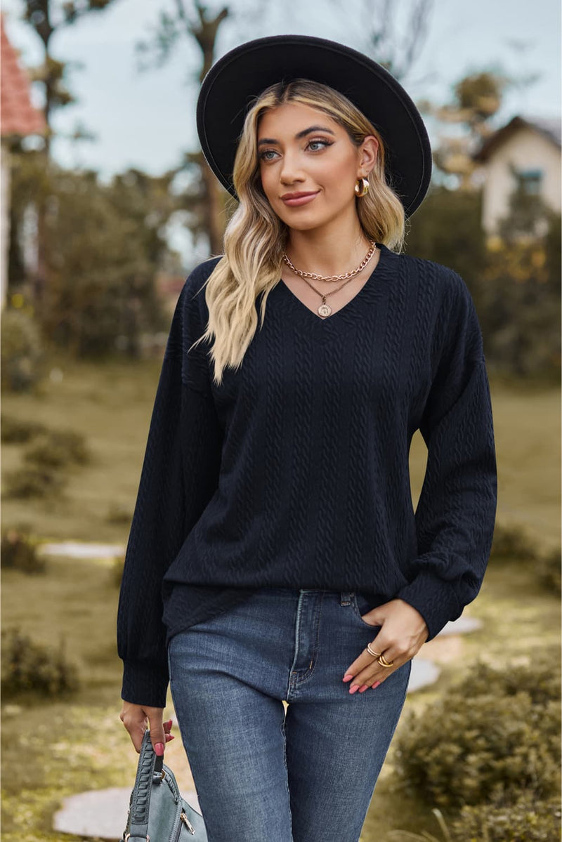 V-Neck Dropped Shoulder Blouse-Tops-Ship From Overseas, Shipping Delay 09/29/2023 - 10/02/2023, Tops, X&D-Navy-S-[option4]-[option5]-[option6]-Womens-USA-Clothing-Boutique-Shop-Online-Clothes Minded