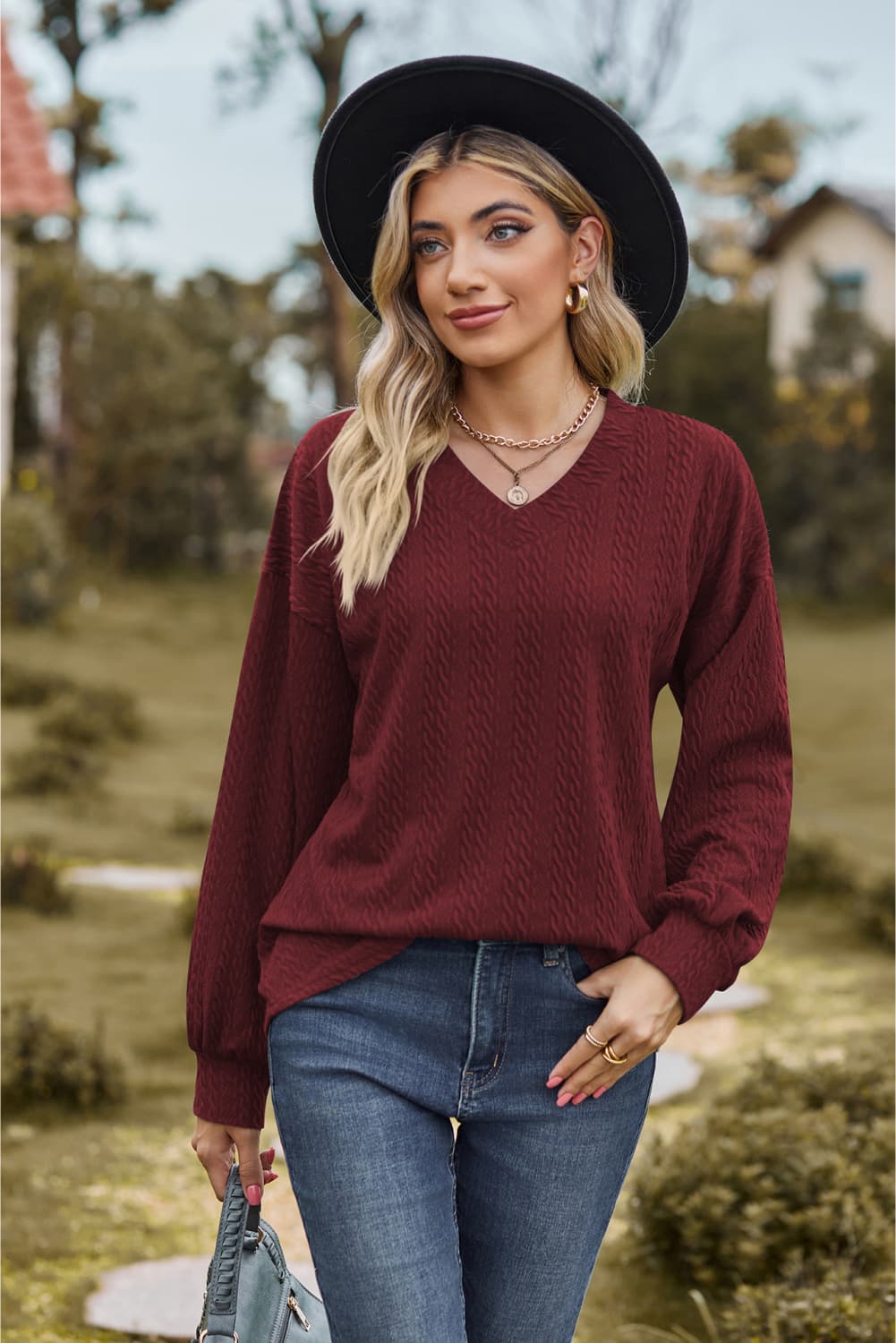 V-Neck Dropped Shoulder Blouse-Tops-Ship From Overseas, Shipping Delay 09/29/2023 - 10/02/2023, Tops, X&D-Wine-S-[option4]-[option5]-[option6]-Womens-USA-Clothing-Boutique-Shop-Online-Clothes Minded