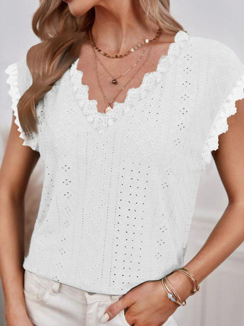 V-Neck Eyelet Short Sleeve Top-Tops-Boutique Top, Romantichut, Ship From Overseas, Shipping Delay 09/29/2023 - 10/04/2023, Top, Tops-[option4]-[option5]-[option6]-Womens-USA-Clothing-Boutique-Shop-Online-Clothes Minded