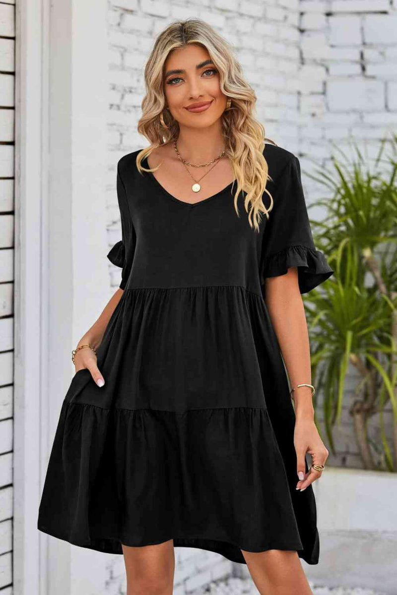 V-Neck Flounce Sleeve Tiered Dress-Dress-Black Dress, Boutique Dress, Dress, Mandy, Ship From Overseas-Black-S-[option4]-[option5]-[option6]-Womens-USA-Clothing-Boutique-Shop-Online-Clothes Minded