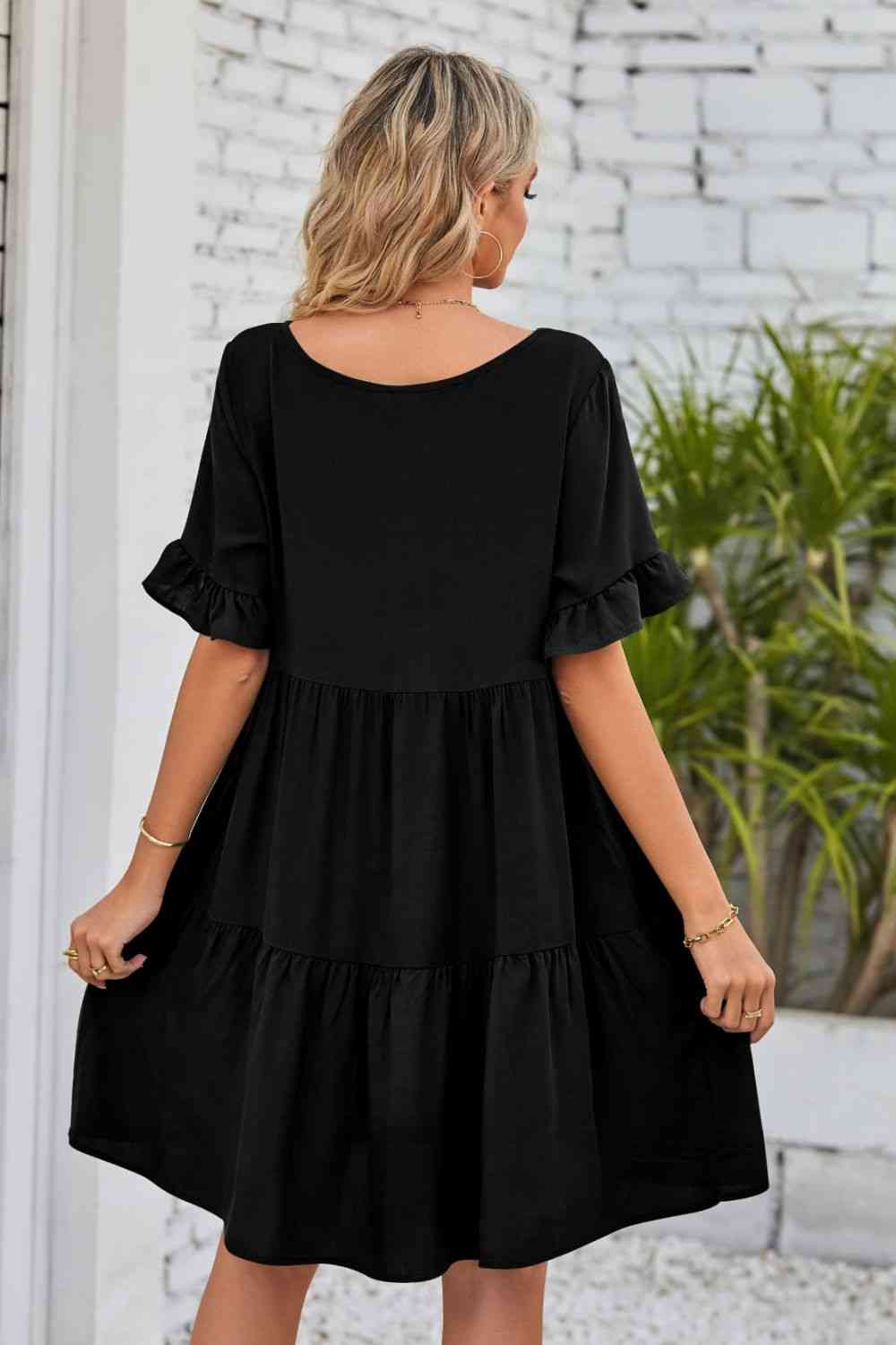 V-Neck Flounce Sleeve Tiered Dress-Dress-Black Dress, Boutique Dress, Dress, Mandy, Ship From Overseas-Black-S-[option4]-[option5]-[option6]-Womens-USA-Clothing-Boutique-Shop-Online-Clothes Minded