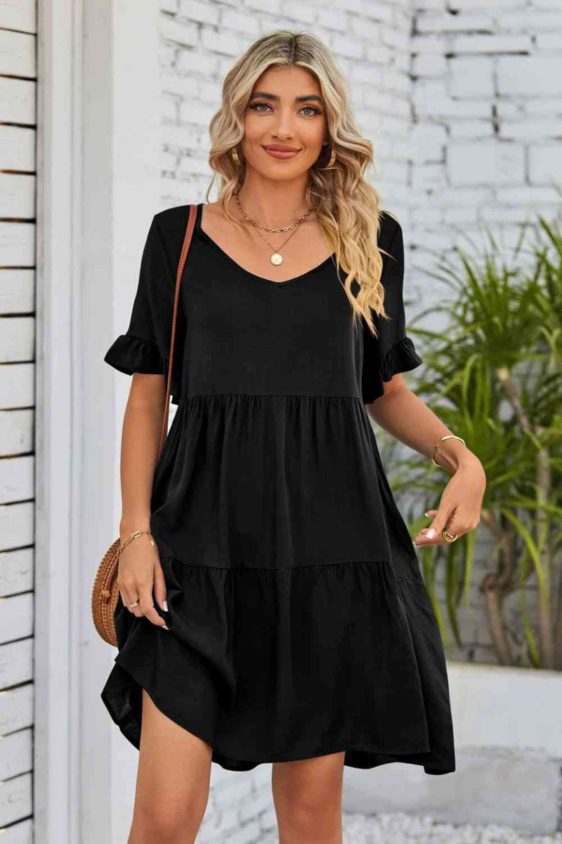 V-Neck Flounce Sleeve Tiered Dress-Dress-Black Dress, Boutique Dress, Dress, Mandy, Ship From Overseas-[option4]-[option5]-[option6]-Womens-USA-Clothing-Boutique-Shop-Online-Clothes Minded