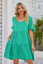 V-Neck Flounce Sleeve Tiered Dress-Dress-Black Dress, Boutique Dress, Dress, Mandy, Ship From Overseas-Mid Green-S-[option4]-[option5]-[option6]-Womens-USA-Clothing-Boutique-Shop-Online-Clothes Minded