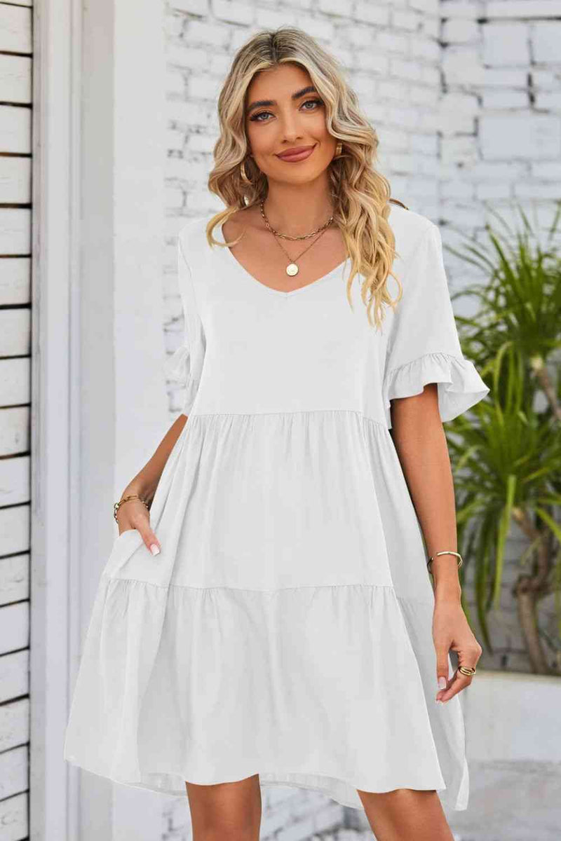 V-Neck Flounce Sleeve Tiered Dress-Dress-Black Dress, Boutique Dress, Dress, Mandy, Ship From Overseas-White-S-[option4]-[option5]-[option6]-Womens-USA-Clothing-Boutique-Shop-Online-Clothes Minded