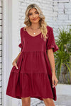 V-Neck Flounce Sleeve Tiered Dress-Dress-Black Dress, Boutique Dress, Dress, Mandy, Ship From Overseas-Wine-S-[option4]-[option5]-[option6]-Womens-USA-Clothing-Boutique-Shop-Online-Clothes Minded