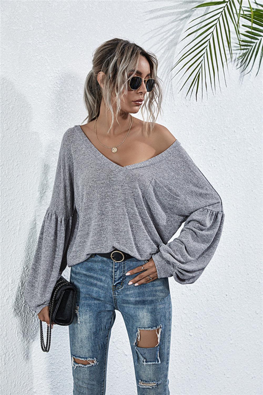 V-Neck Long Sleeve Dropped Shoulder Knit Top-Shirts & Tops-Ship From Overseas, YO-Charcoal-S-[option4]-[option5]-[option6]-Womens-USA-Clothing-Boutique-Shop-Online-Clothes Minded