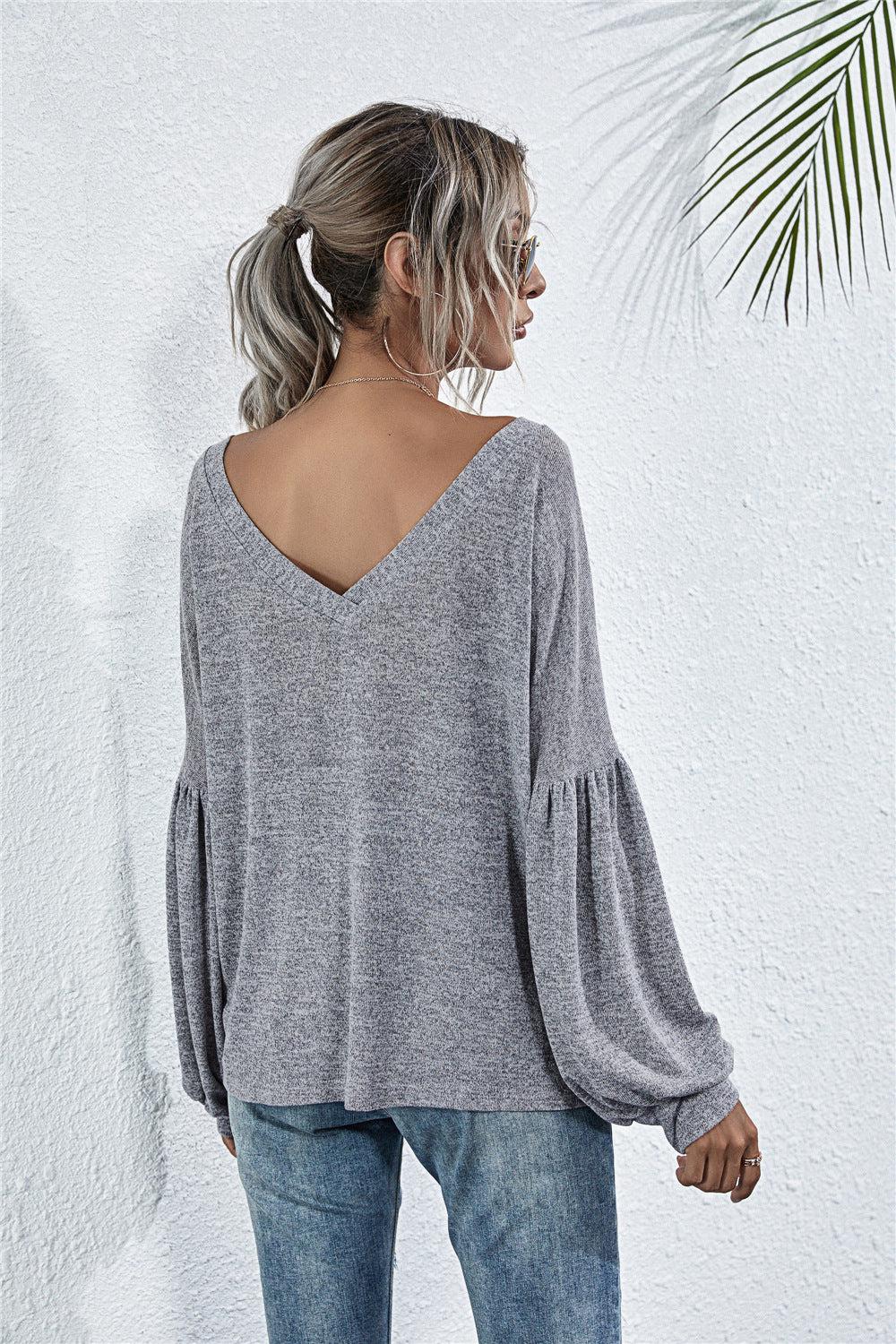V-Neck Long Sleeve Dropped Shoulder Knit Top-Shirts & Tops-Ship From Overseas, YO-Charcoal-S-[option4]-[option5]-[option6]-Womens-USA-Clothing-Boutique-Shop-Online-Clothes Minded