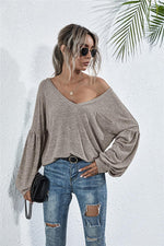 V-Neck Long Sleeve Dropped Shoulder Knit Top-Shirts & Tops-Ship From Overseas, YO-Taupe-S-[option4]-[option5]-[option6]-Womens-USA-Clothing-Boutique-Shop-Online-Clothes Minded