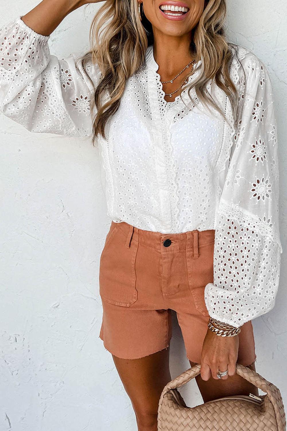 V-Neck Openwork Long Sleeve Blouse-Blouses-Ship From Overseas, SYNZ-White-S-[option4]-[option5]-[option6]-Womens-USA-Clothing-Boutique-Shop-Online-Clothes Minded