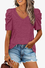 V-Neck Puff Sleeve Tee-Lamy, Ship From Overseas-Fuchsia-S-[option4]-[option5]-[option6]-Womens-USA-Clothing-Boutique-Shop-Online-Clothes Minded