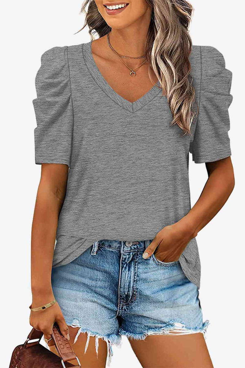V-Neck Puff Sleeve Tee-Lamy, Ship From Overseas-Mid Gray-S-[option4]-[option5]-[option6]-Womens-USA-Clothing-Boutique-Shop-Online-Clothes Minded