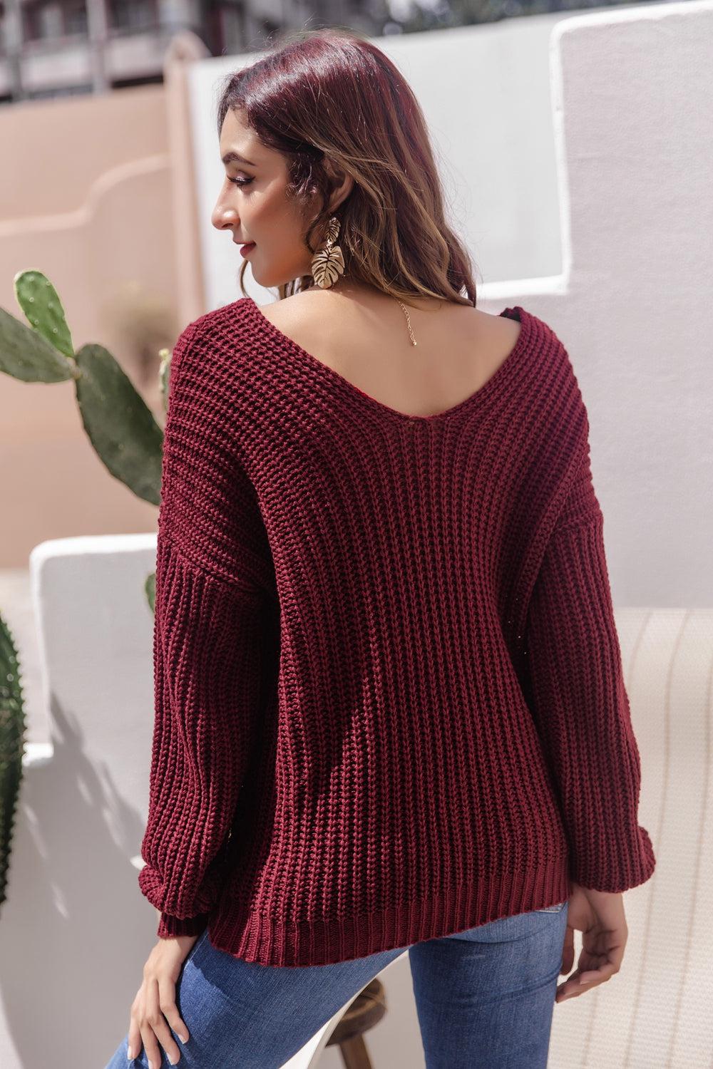V-Neck Ribbed Knit Sweater-Hanny, Ship From Overseas-Wine-S-[option4]-[option5]-[option6]-Womens-USA-Clothing-Boutique-Shop-Online-Clothes Minded