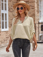 V-neck Roll Up Sleeve Blouse-Blouses-Apricot-S-[option4]-[option5]-[option6]-Womens-USA-Clothing-Boutique-Shop-Online-Clothes Minded