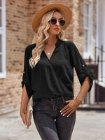 V-neck Roll Up Sleeve Blouse-Blouses-Black-S-[option4]-[option5]-[option6]-Womens-USA-Clothing-Boutique-Shop-Online-Clothes Minded