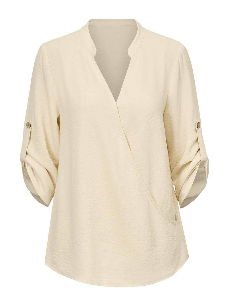 V-neck Roll Up Sleeve Blouse-Blouses--[option4]-[option5]-[option6]-Womens-USA-Clothing-Boutique-Shop-Online-Clothes Minded