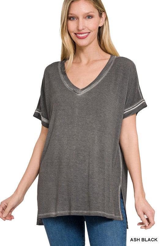 WASHED SHORT SLEEVE V-NECK TOP W HI-LOW HEM-Shirts & Tops-Contemporary, Only at FashionGo, Short Sleeve, T-Shirts & Polos, Tie dye, V-Neck-ASH BLACK-S-[option4]-[option5]-[option6]-Womens-USA-Clothing-Boutique-Shop-Online-Clothes Minded