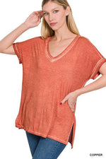 WASHED SHORT SLEEVE V-NECK TOP W HI-LOW HEM-Shirts & Tops-Contemporary, Only at FashionGo, Short Sleeve, T-Shirts & Polos, Tie dye, V-Neck-COPPER-S-[option4]-[option5]-[option6]-Womens-USA-Clothing-Boutique-Shop-Online-Clothes Minded